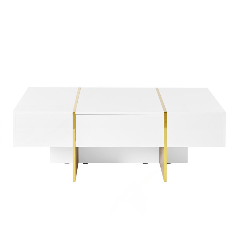 Table basse 47,2 "x 31,4" minimaliste ultrabrillante avec 2 tiroirs, table de canapé rectangulaire multi-rangement avec pieds en grain de bois doré, table de centre moderne pour le salon, blanc