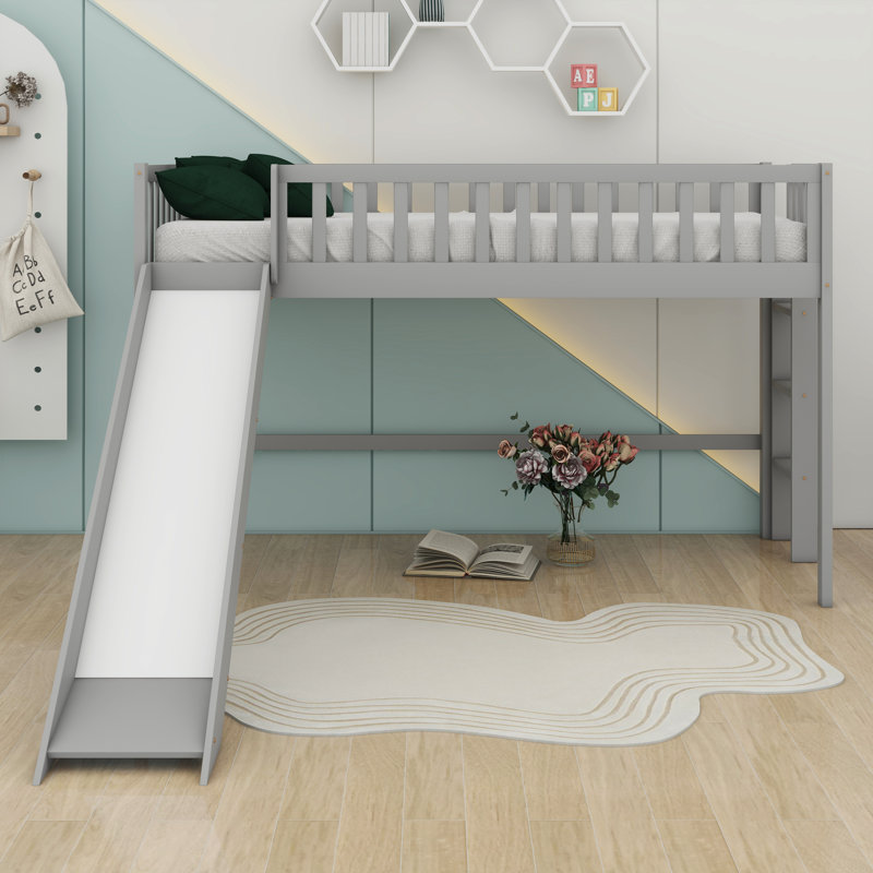 Twin Size Loft Bed With Ladder & Slide, Loftbeds With Safety Rails,Wood Twin Low Loft Bed With Storage Space, Gray