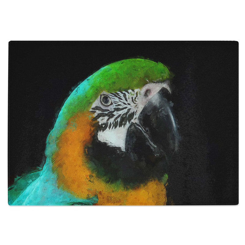 Tempered Glass Yellow and Green Macaw Parrot in Abstract Chopping Board, 39 cm W x 28.5 cm L
