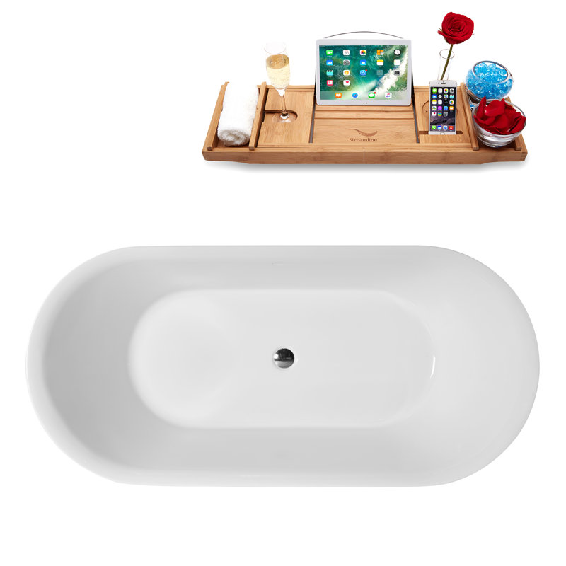 55" Streamline Soaking Glossy White Freestanding Tub With Internal Drain in Polished Chrome
