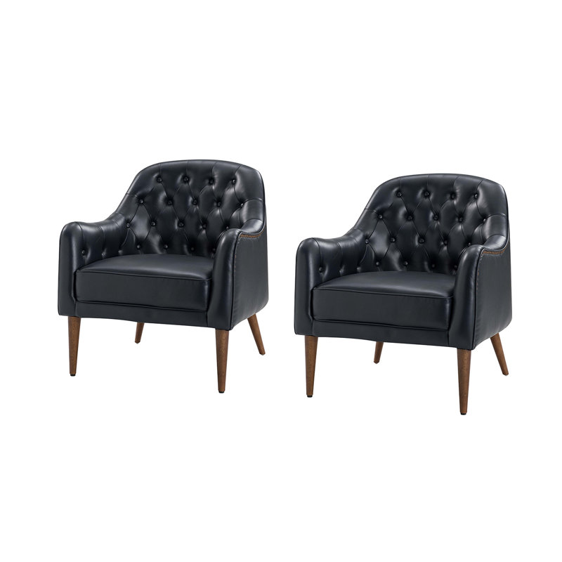 Ensemble de 2 chaises demi-tonneau en cuir véritable Meiyi, Cuir véritable bleu marine