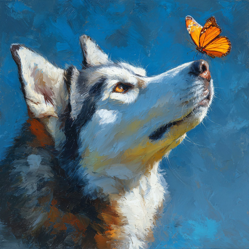 «Husky with Monarch», art mural sur toile tendue