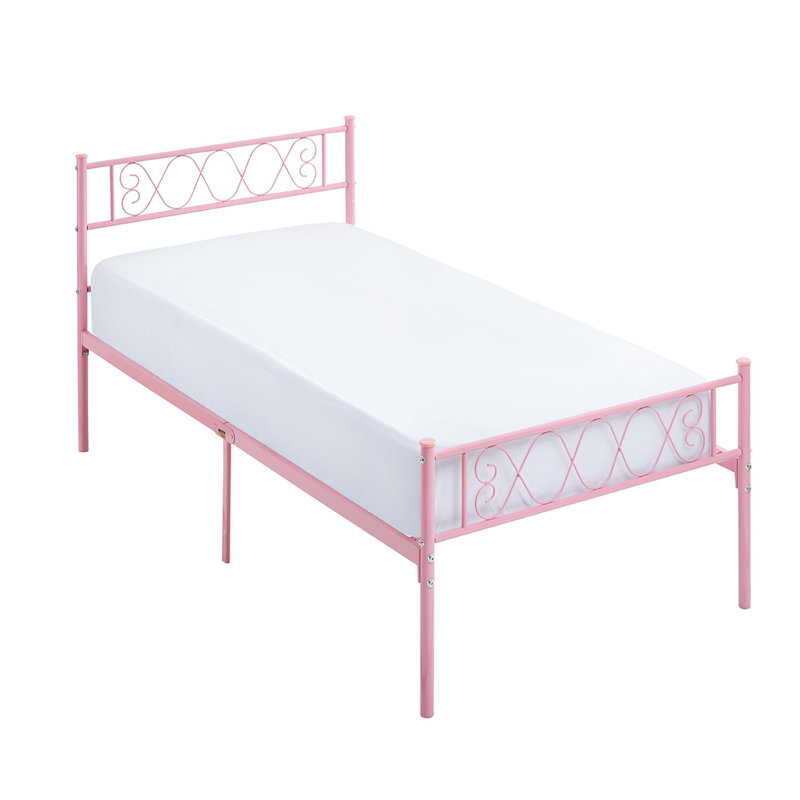 Modern Metal Platform Bed Frame with Headboard & Footboard, Pink, Twin XL