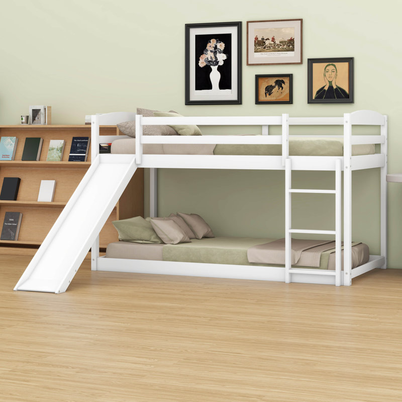 Heavy Duty Wood Twin Over Twin  Size Bunk Bed With Full-Length Guardrail, Convertible Slide And Ladder, White