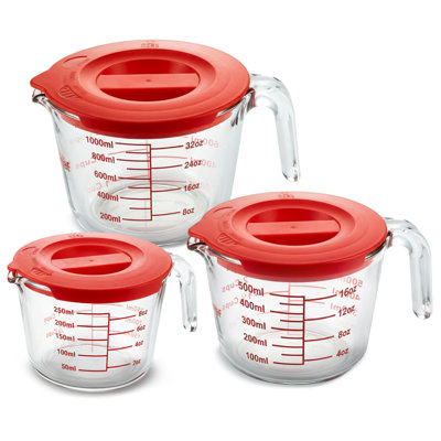 NutriChef 250mL, 500mL & 1000mL Glass Measuring Cup Set with Lid - NCGL3MESLID - Heat-Resistant, BPA-Free, Clear & Durable, Microwave, Oven, Freezer & Dishwasher Safe (Red)