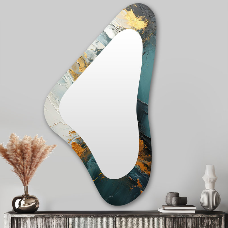 Cascade de marbre abstraite dorée et verte Siegmar II - peinture abstraite de forme unique, miroir décoratif mural, grand miroir asymétrique doré, impression sur métal