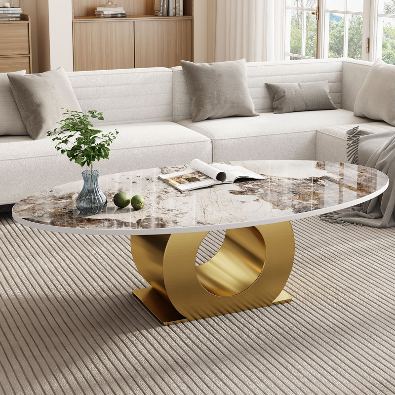 49" Luxury Oval Coffee Table with Sintered Stone Top, Modern Faux Marble Center Table with O-Ring Design for Living Room
