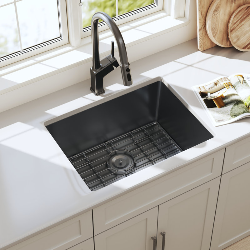Blenzia 23 Inch Black Undermount 16 Gauge 304 Stainless Steel Gunmetal Black Handmade Kitchen Sink with Strainer & Grid 23" x 18" x 9"
