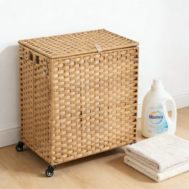 Grand panier à linge roulant avec couvercle et roulettes, trieur de vêtements à 3 sections avec doublures amovibles, sacs en filet et poche latérale, conception en rotin fait à la main pour la chambre à coucher ou la salle de bain