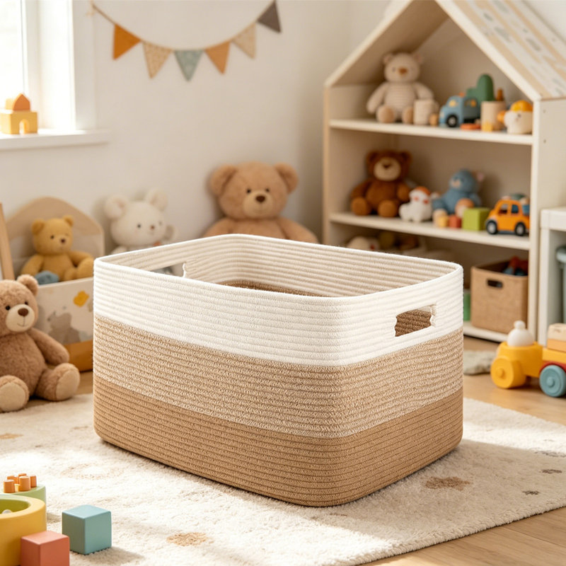 Large Cotton Rope Laundry Basket 22"X17"X12", Rectangular Storage Hamper With Sturdy Handles, Foldable & Machine Washable, For Blankets Toys Towels, For Living Room Bedroom Nursery