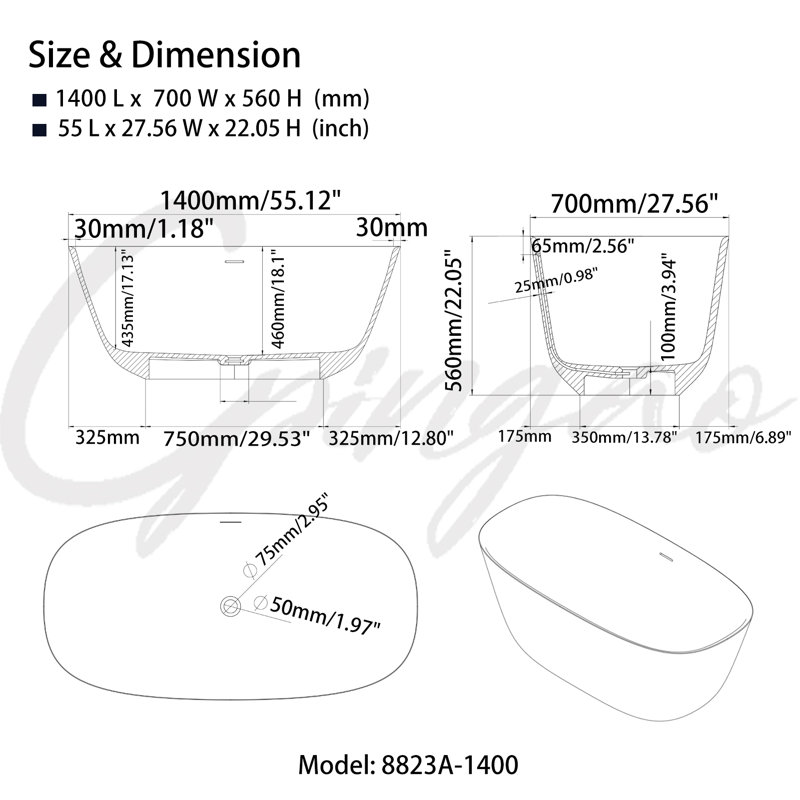 55.12'' x 27.56'' Soaking Solid Surface Bathtub