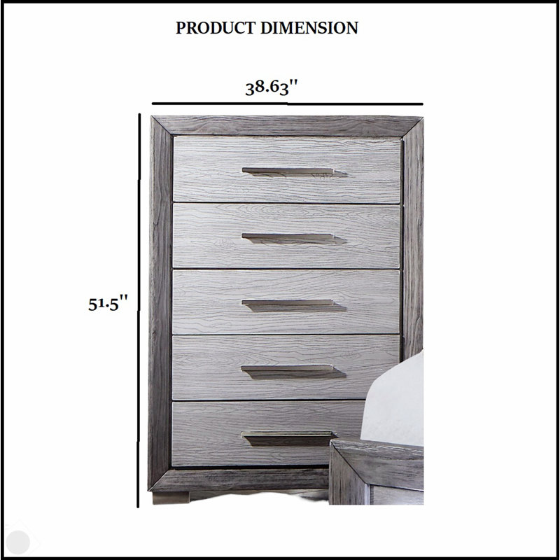 Commode de style transitionnel 1pc avec pieds de support, glissières à roulement à billes en métal, poignées de bar et finition grise pour les chambres à coucher modernes
