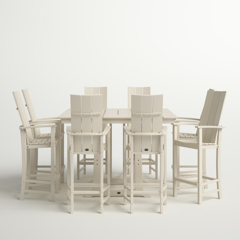 POLYWOOD Modern Adirondack 9-Piece Farmhouse Trestle Bar Set, Sand