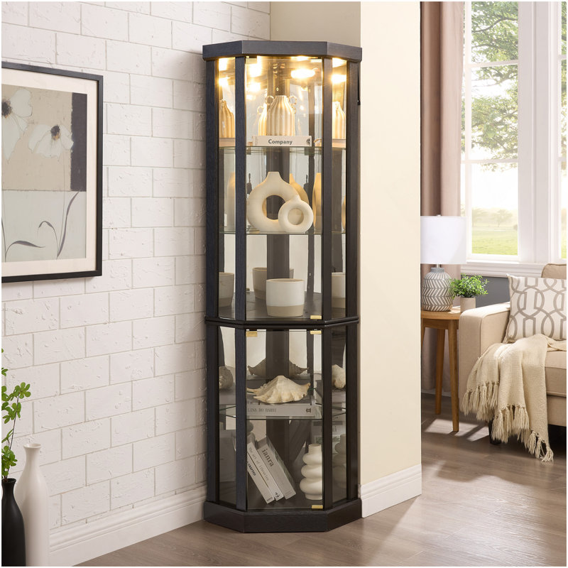 Vitrine de coin lumineuse - Vitrine élégante en verre pour le rangement du salon et du bar - Parfait pour les collections antiques et le vin - Comprend un éclairage intégré - Noir