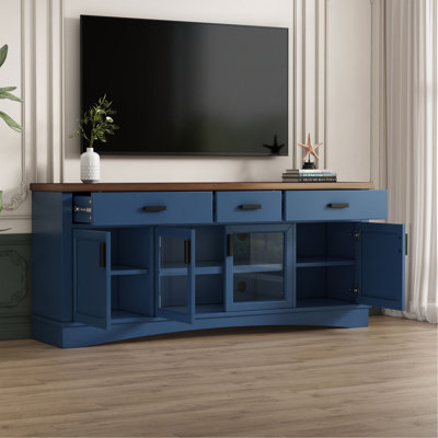 Console de télévision moderne, meuble télé d'une largeur de 67 po, portes et tiroirs de rangement en verre, tablettes réglables