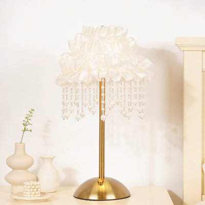 13" Modern Table Lamp With Ruffled Fabric Shade & Pearl Tassels (Bulb Include)