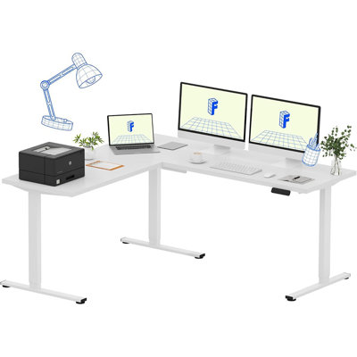 Bureau debout en L, poste de travail électrique de coin réglable en hauteur avec contrôleur préréglé, bureau d'ordinateur assis-debout, cadre blanc avec plateau blanc pour le bureau personnel
