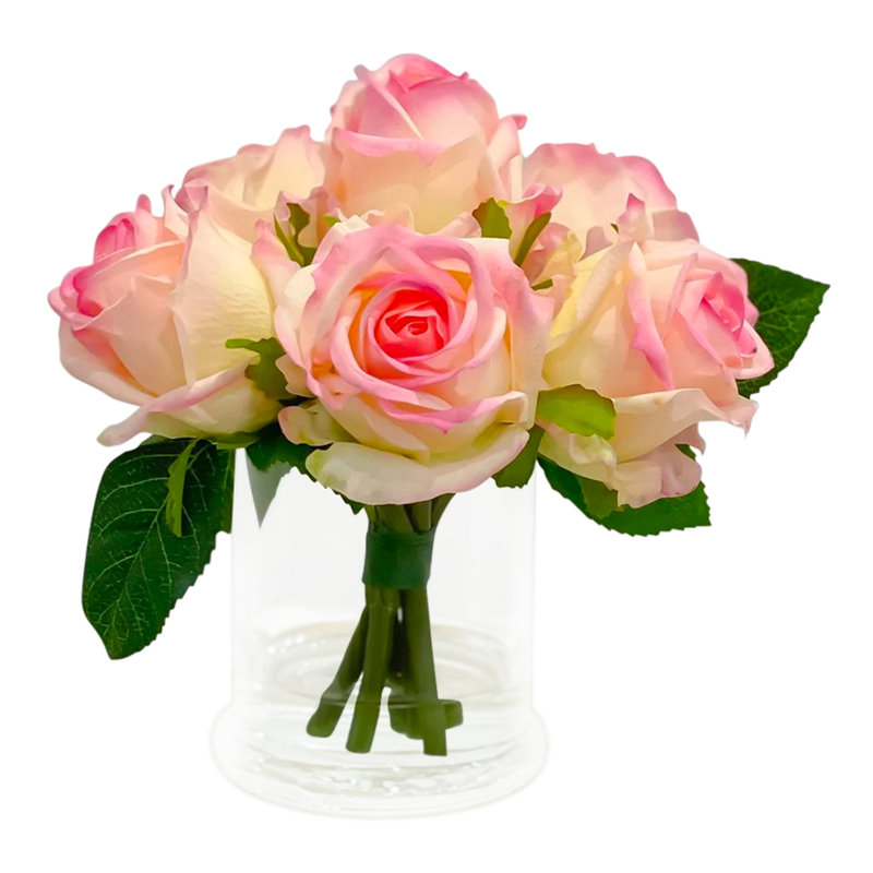 Real Touch Roses Arrangement In Glass Vase, Pink
