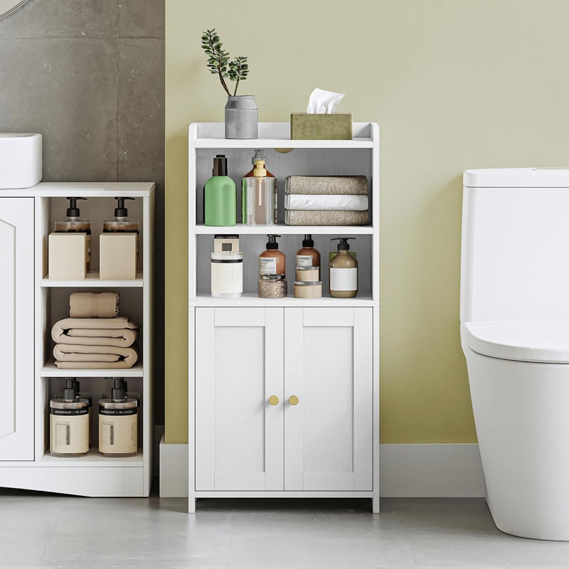 Small Bathroom Storage Cabinet, Bathroom Organizers And Storage With 2 Doors And Shelves, Floor Cabinet Freestanding With Adjustable Shelf For Small Spaces, (Streamlined American, White)
