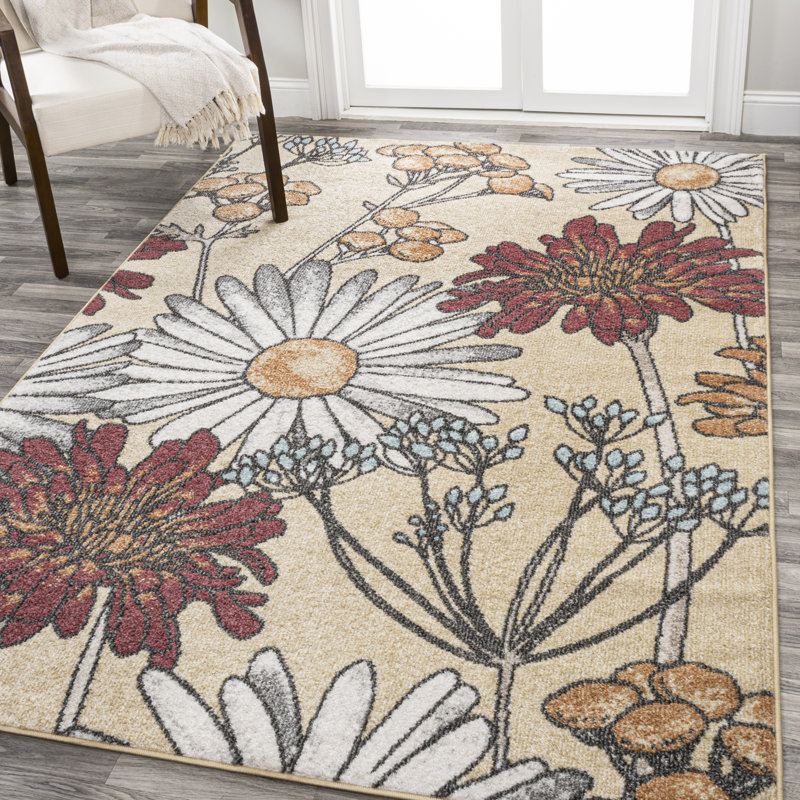 Dizi Modern Botanical Wildflower Yellow/Ivory/Red Rug, Rectangle 7'10" x 10'