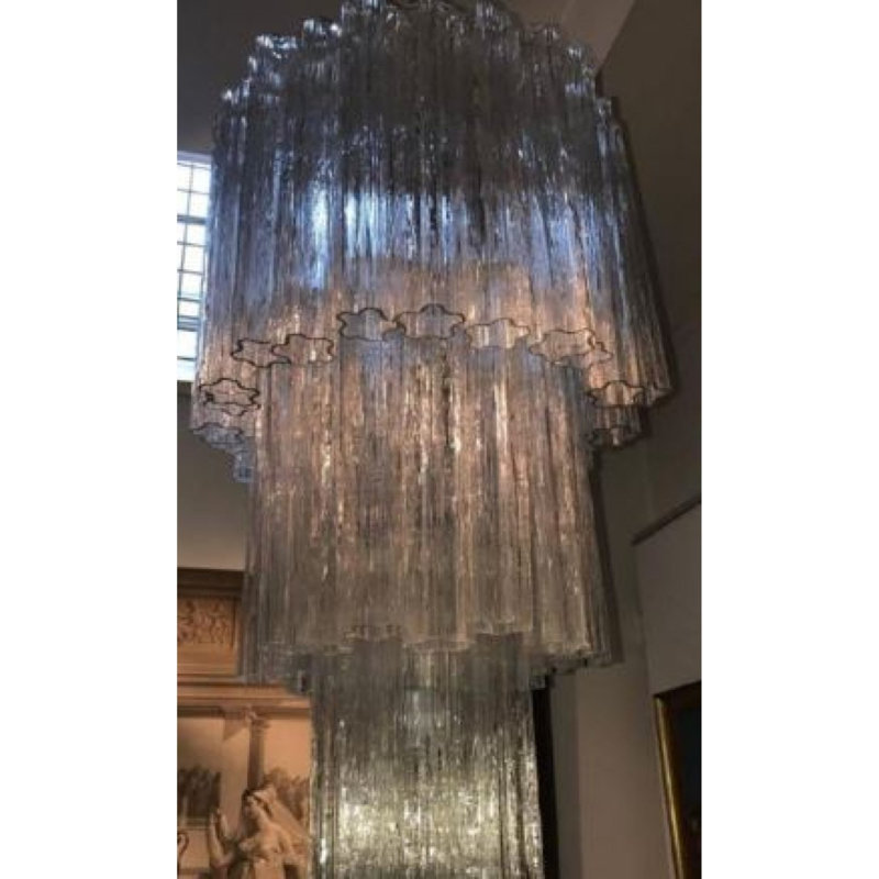 Lustre Grand Tronchi Mizrahi, Laiton brossé, H 48 po x l 18 po x P 18 po, Verre transparent et lisse