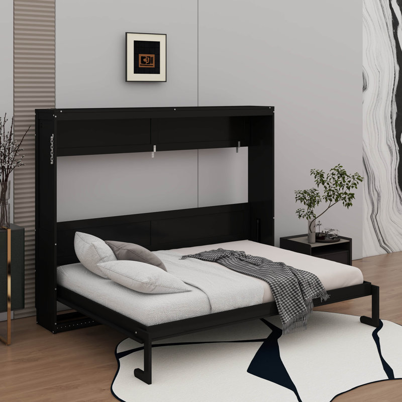 Lit escamotable avec motif imprimé tendance, éclairage DEL sous le lit et prise USB intégrée, lit mural peu encombrant, Queen
