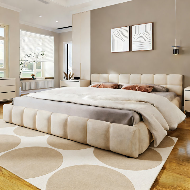 Lit tapissier en chenille beige élégant avec motif damier, Beige, Très grand lit