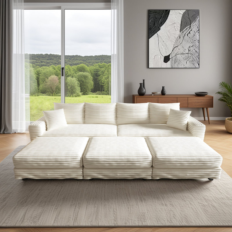 Canapé modulaire 5 pièces à assise profonde en velours côtelé de 102,4 po de large avec repose-pieds rembourré pour le salon, l’appartement