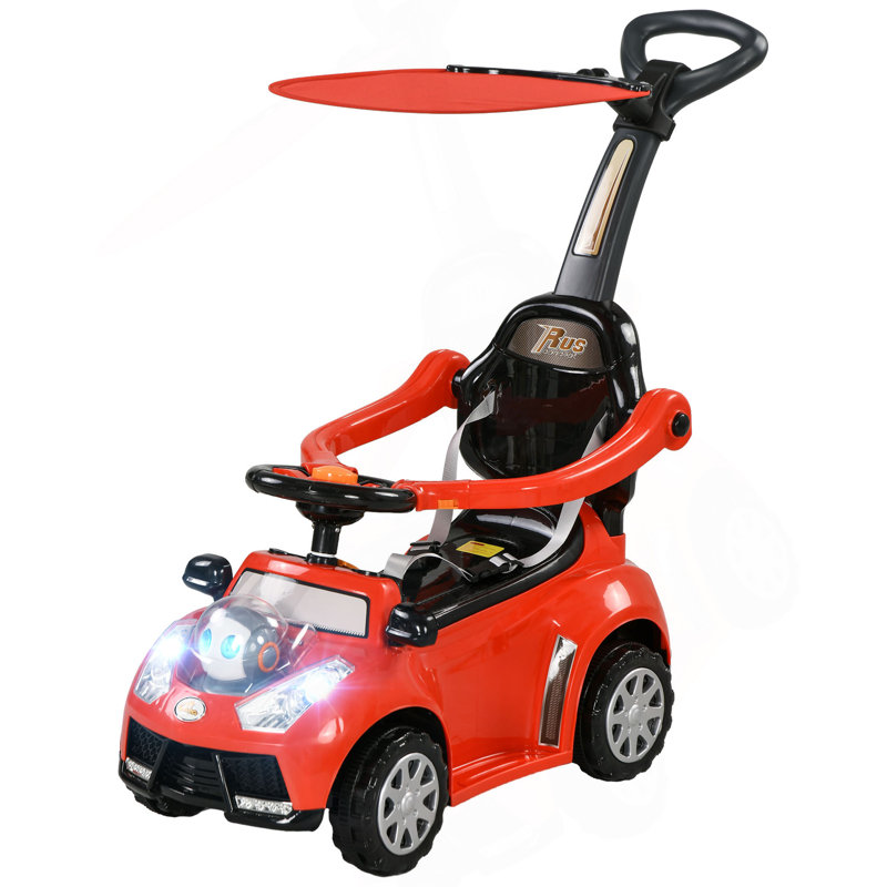 Qaba Push Car For Kids 1-3 Years, 3 In 1 Ride On Sliding Car, Foot To Floor Baby Push Car With Removable Handle, Music, Horn, Canopy, Safety Guardrail