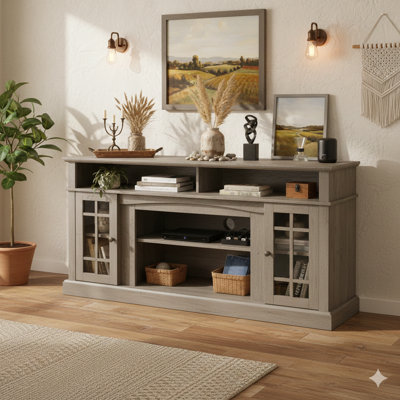 Classic Style Media Console In Gray Wash Finish Offering Open And Closed Storage, Compatible With Tvs Up To 65 Inches, Dimensions 58.25" W X 15.75" D X 32" H