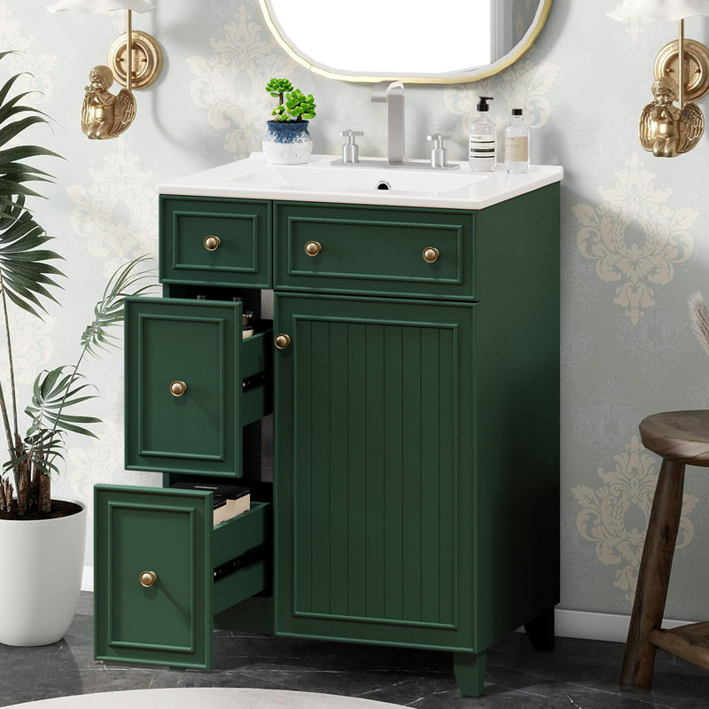 Meuble-lavabo 24 po avec lavabo en céramique, Vert givré / or
