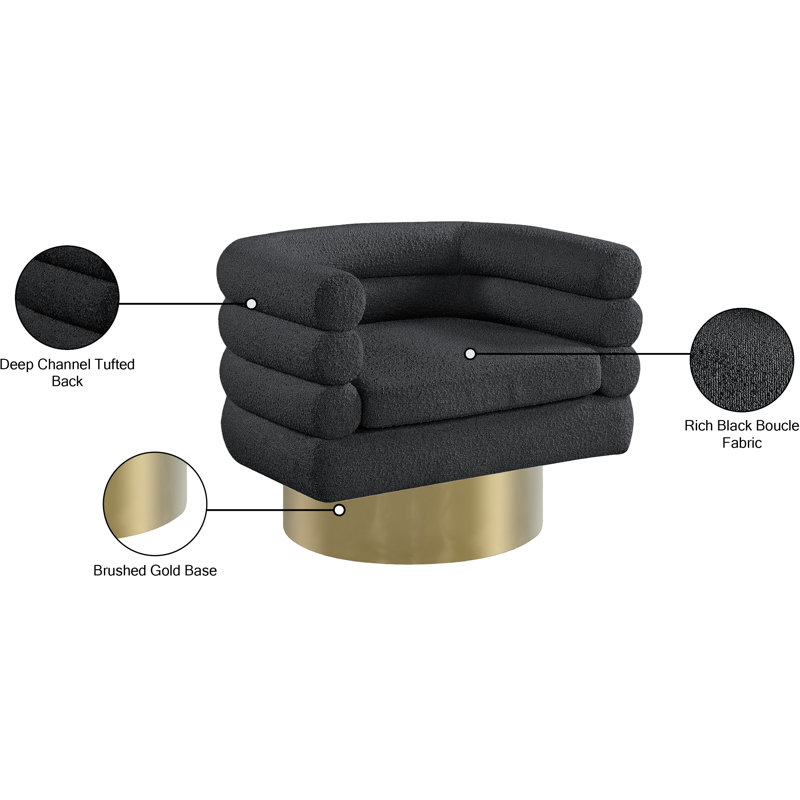 Tessa 33.5" W Boucle Swivel Barrel Chair, Black Boucle Fabric