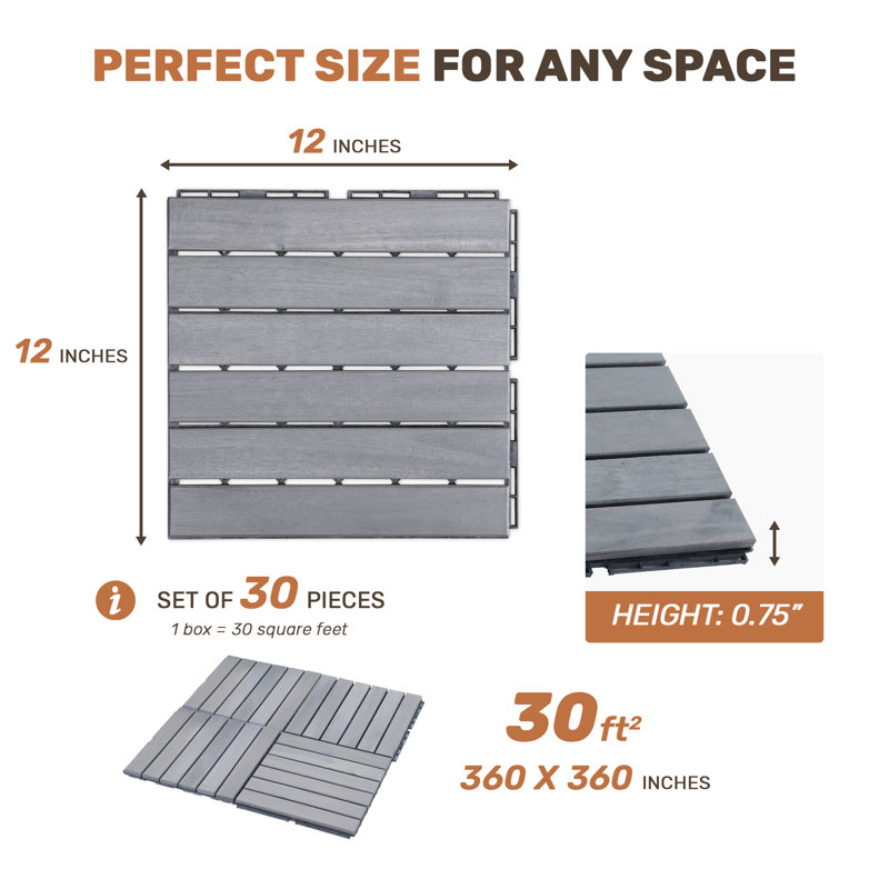 30 tuiles de terrasse à motif à rayures imbriquées, plancher carré en bois franc d'acacia gris clair 12 po x 12 po pour patio, balcon, piscine, jardin, porche