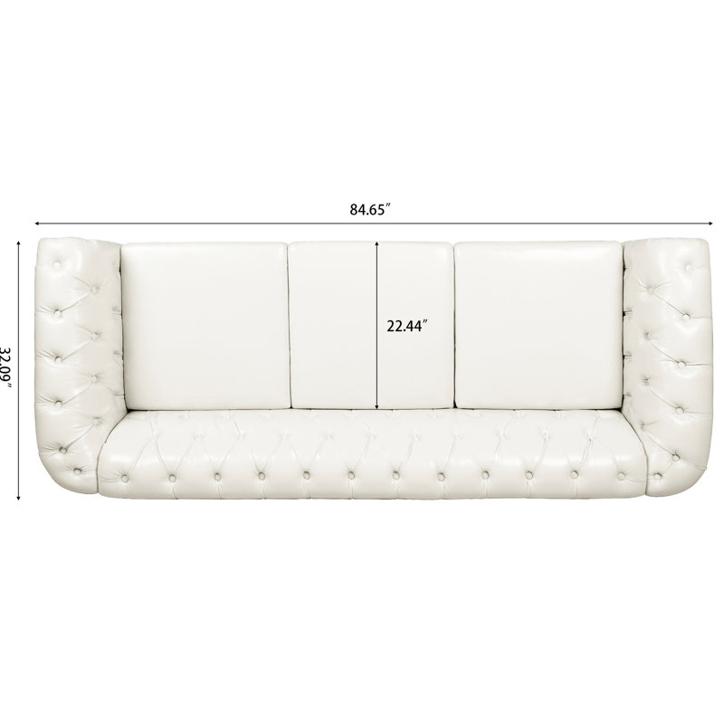 84,88 po à accoudoirs roulés blancs, 3 sièges, revêtement en cuir de polyuréthane, coussins en mousse, fabrication en bois massif et contreplaqué, pieds en bouleau avec couche de scellage 3 couches, boucles extérieures à tirage profond décalées, soutien uniforme