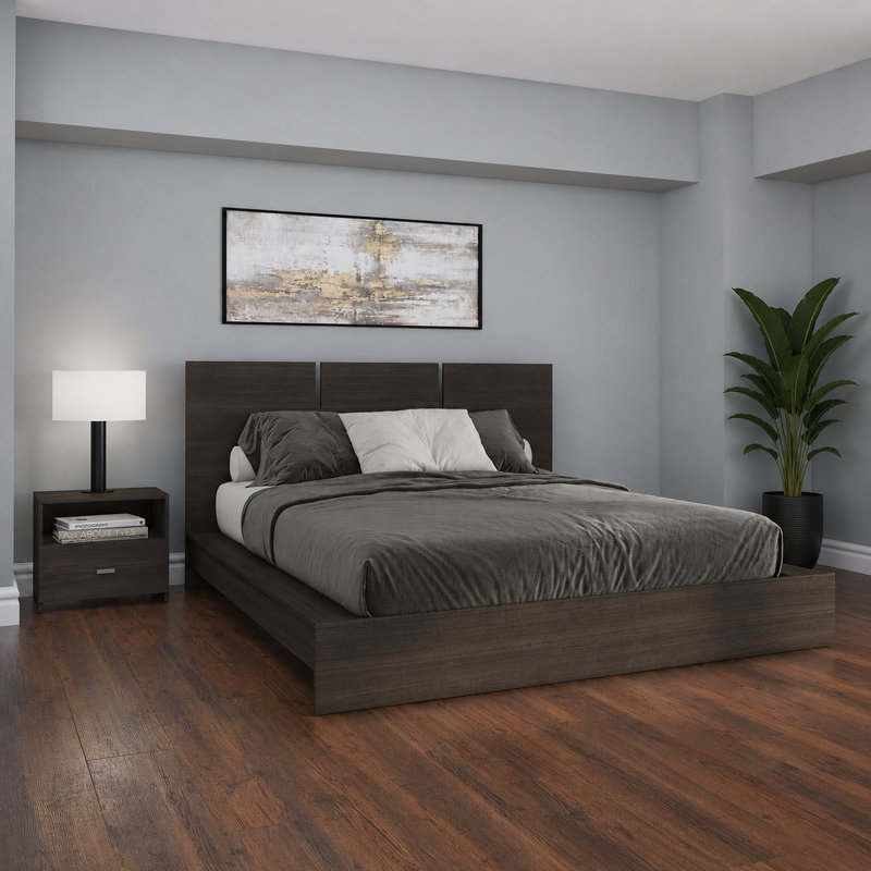 Zen Omega Bedroom - Platform Bed with Headboard and Nightstand (1) – Easy Assembly, No Box Spring Required, Walnut