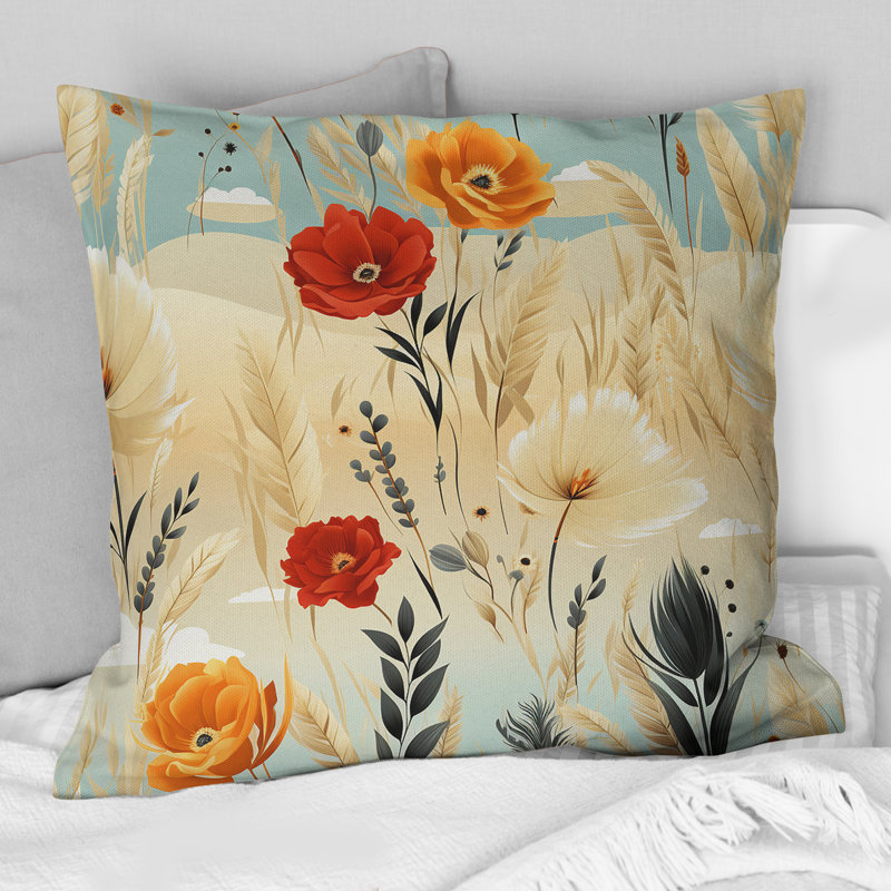 Coussin décoratif à motif floral bohème beige IV, H 18 po x l 18 po