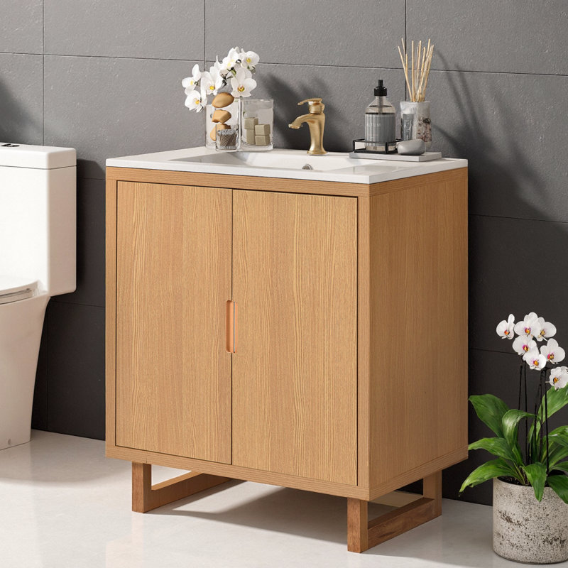 Ensemble de meuble-lavabo 30 po avec lavabo en résine, armoire en bois massif avec portes à fermeture en douceur, pieds en bois massif, rangement sous le comptoir, trou de robinet simple, style transitionnel pour petite salle de bain