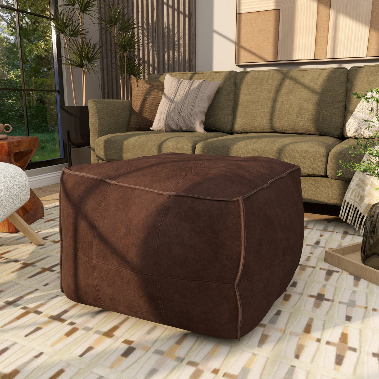 Shara Leather Pouf, Dark Brown Genuine Leather