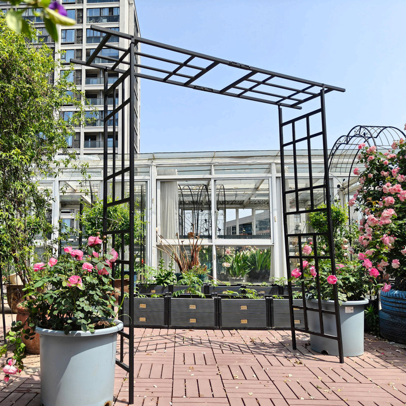 Metal Garden Arch With Adjustable Width Climbing Plants Support Rose Arch Outdoor Black, 77.56" H x 78.15" W x 16.93" D