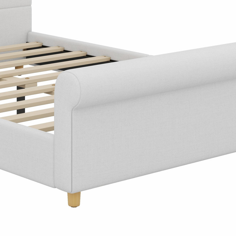 Bed frame with high headboard and rolled footboard with screw-locked slat construction for noise-free nights, Queen