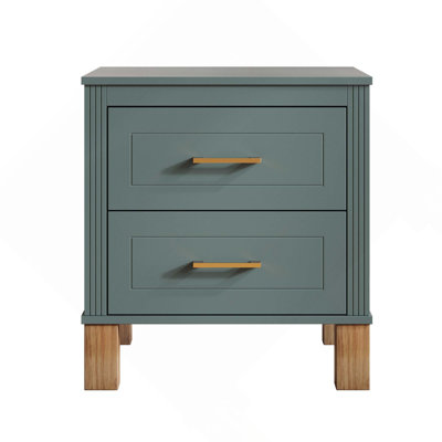 Elegant Fluted Design Premium Wood Storage 2 Drawer Nightstand with Solid Wood Legs & Metal Handle for Bedroom Living Room