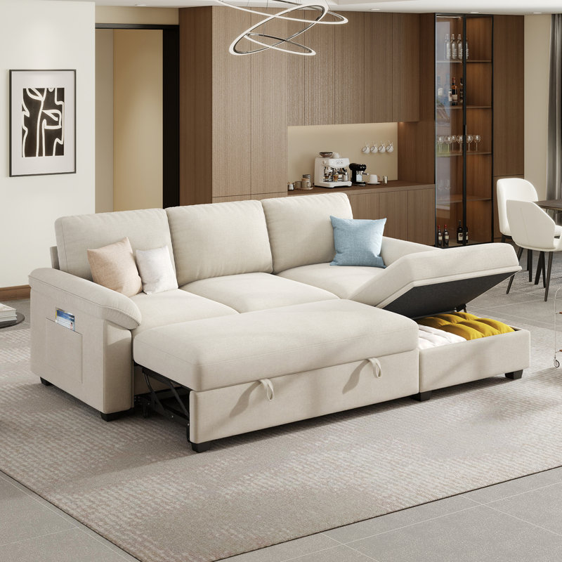 Canapé-lit modulaire en U avec lit escamotable et méridienne de rangement Ahn, Lin beige, 4 seats