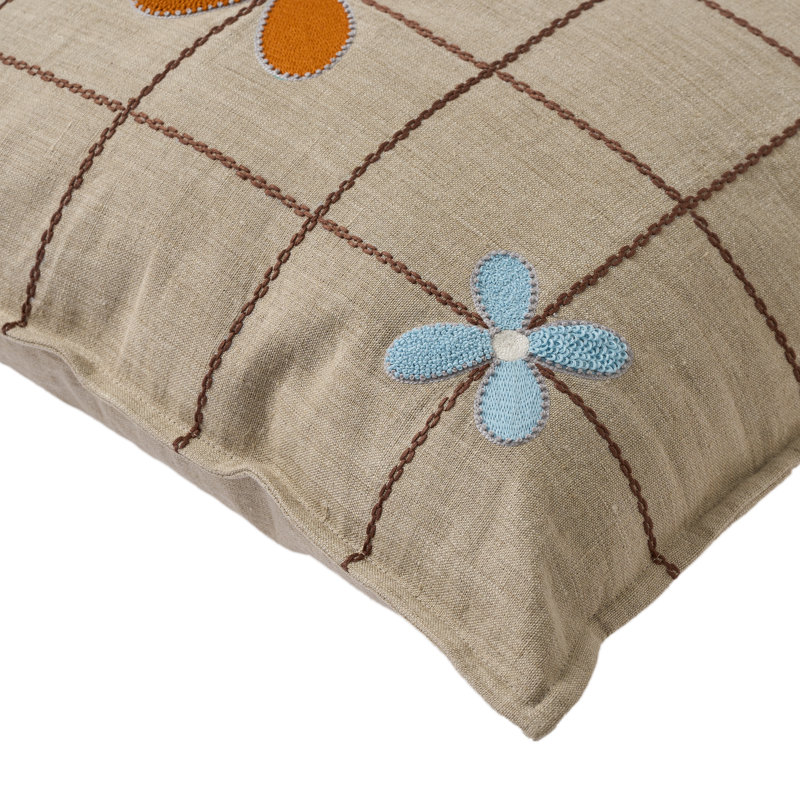 Grid & Flowers Pillow Cover 20x20 Inch, Beige;Brown