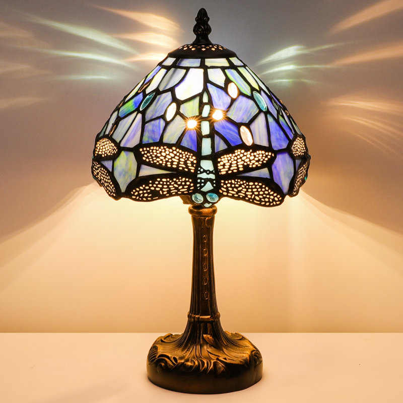 Tiffany Bedside Small Table Lamp, Adjustable 3 Color Temperature, Blue Dragonfly Style Lampshade & Antique Leaf-Patterned Relief Base Desk Nightstand Light Decor for Bedroom Bookcase