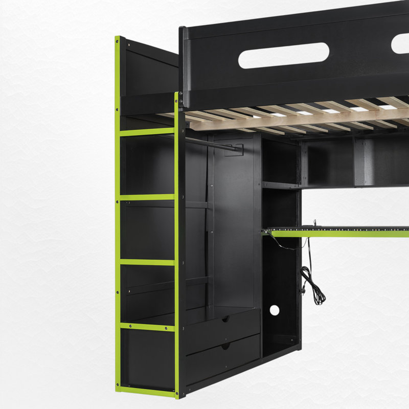 Lit mezzanine double avec bureau intégré et rangement, Noir/vert