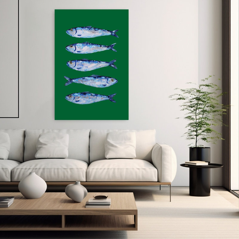 Cinq fleurs de sardines peintes, art mural plage, H 60 po x l 40 po