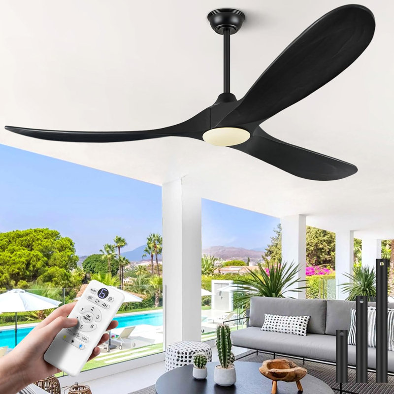 Black 3 Blade Solid Wood Indoor Outdoor Ceiling Fans with Lights for Patios Living Room Bedroom - 60 Inch, 60"