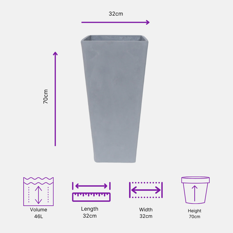 Haylie Square Tapered Garden Planter, Frostproof Concrete Effect, Indoor and Outdoor Plant Pot with Drainage Hole, Grey