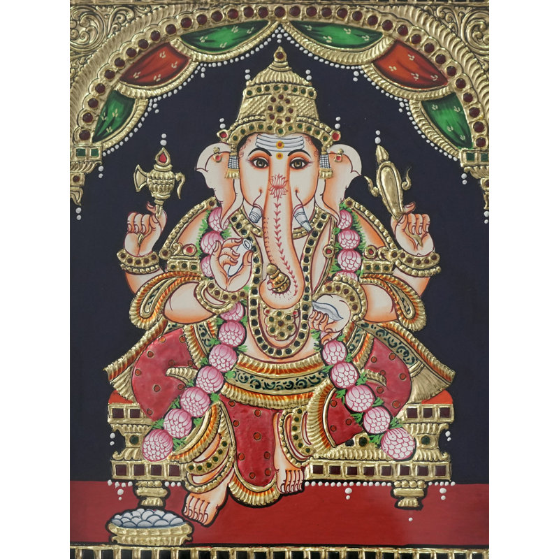 Peinture de Lord Ganesha Tanjore, Chaturbhuja assis | Couleurs traditionnelles avec or 24 carats | Avec cadre