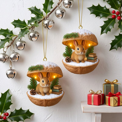 Décorations de Noël - Ensemble de 2 figurines d'animaux en faux bois et acrylique 2D, idéales pour les fêtes et la décoration du sapin de Noël.